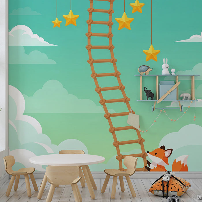 Papel pintado infantil | Zorro curioso trepando una escalera hacia las estrellas