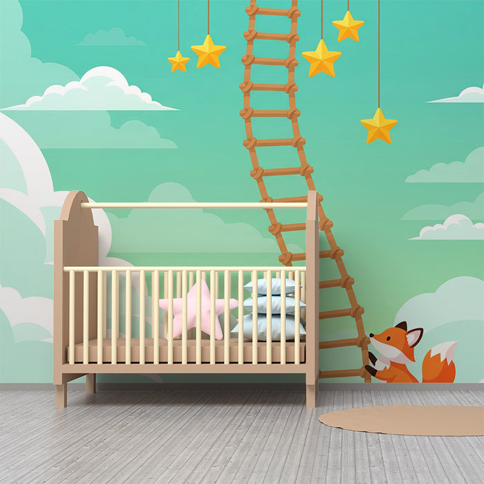 Papel pintado infantil | Zorro curioso trepando una escalera hacia las estrellas