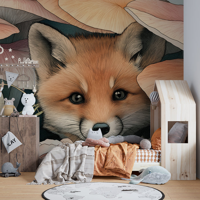 Kinderzimmer Tapete | Neugieriger Fuchs unter bunten Pilzen