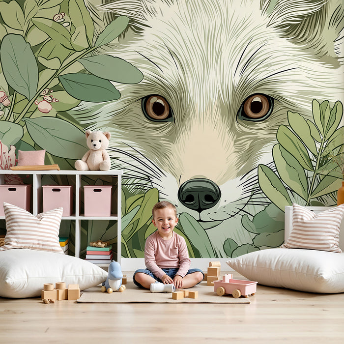 Tapet barnerom | Nysgjerrig rev blant løvverk og delikate blomster