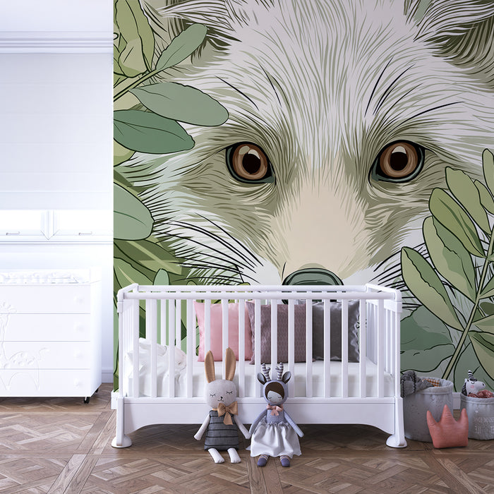 Tapet barnerom | Nysgjerrig rev blant løvverk og delikate blomster