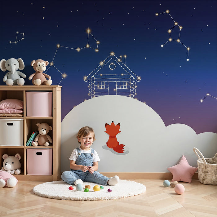 Behang kinderkamer | Nieuwsgierige vos onder een sterrenhemel
