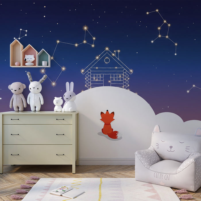 Behang kinderkamer | Nieuwsgierige vos onder een sterrenhemel
