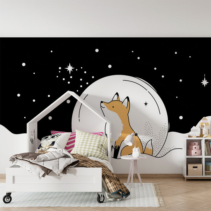 Kinderzimmer Tapete | Fuchs in einer sternenklaren und verschneiten Landschaft