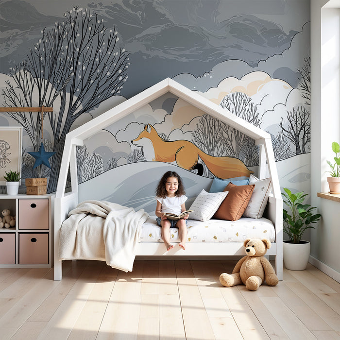 Kids room wallpaper | Fox in a peaceful winter landscape