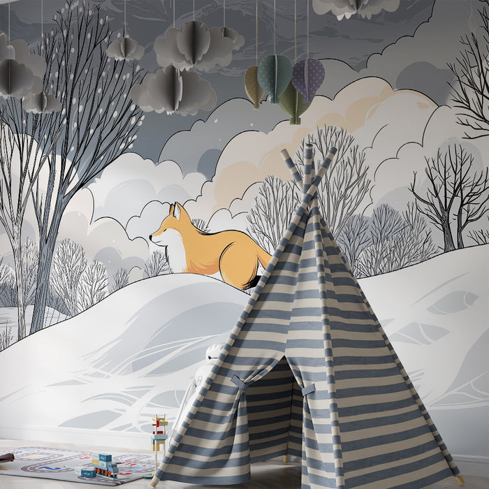 Kids room wallpaper | Fox in a peaceful winter landscape