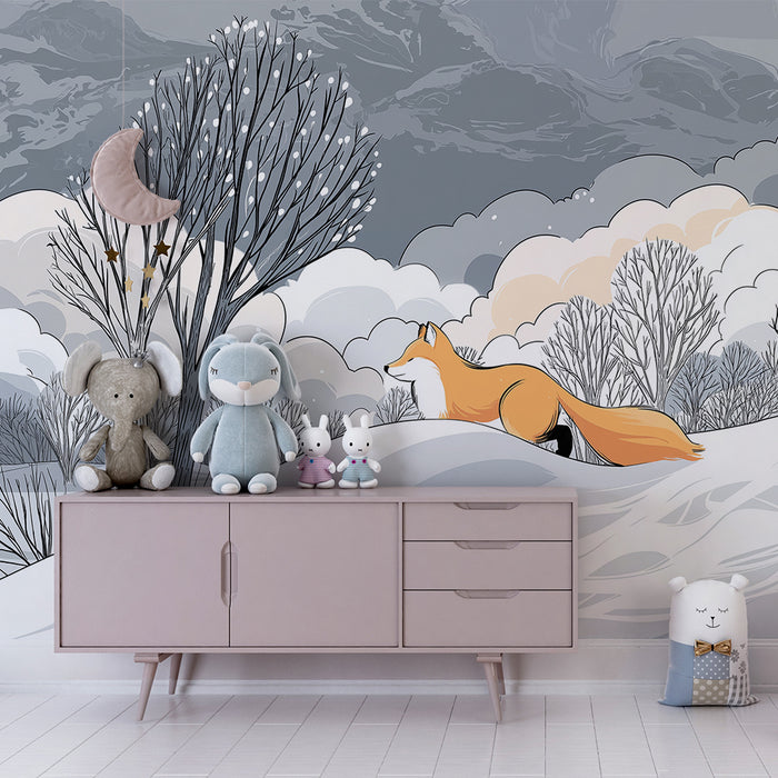 Kids room wallpaper | Fox in a peaceful winter landscape
