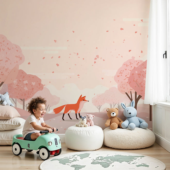 Kinderzimmer Tapete | Fuchs in einer frühlingshaften Landschaft mit blühenden Bäumen