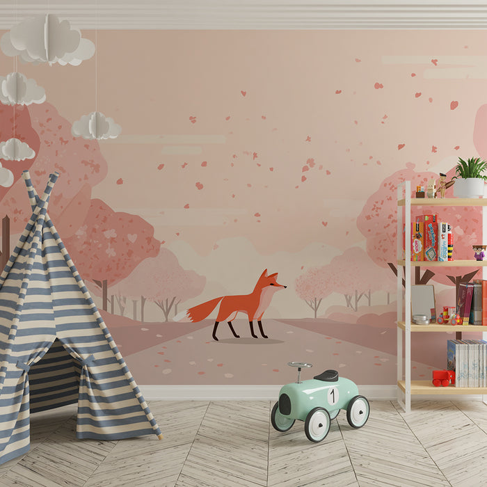 Kinderzimmer Tapete | Fuchs in einer frühlingshaften Landschaft mit blühenden Bäumen