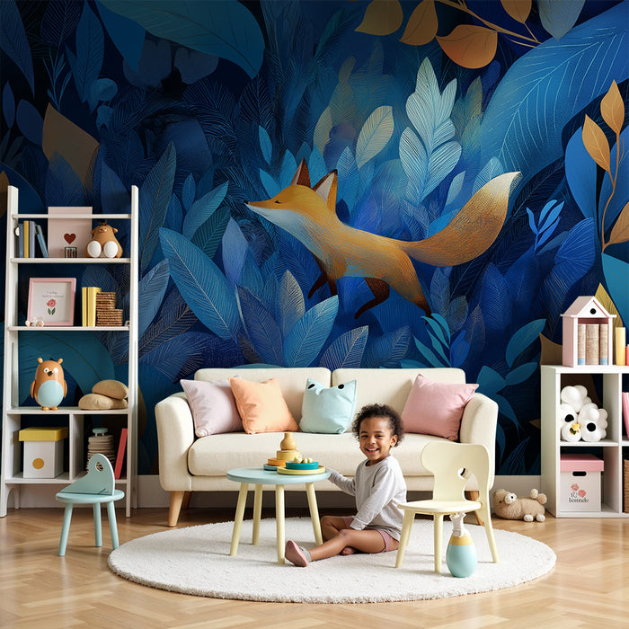 Kids room wallpaper | Fox in a forest of blue and gold foliage