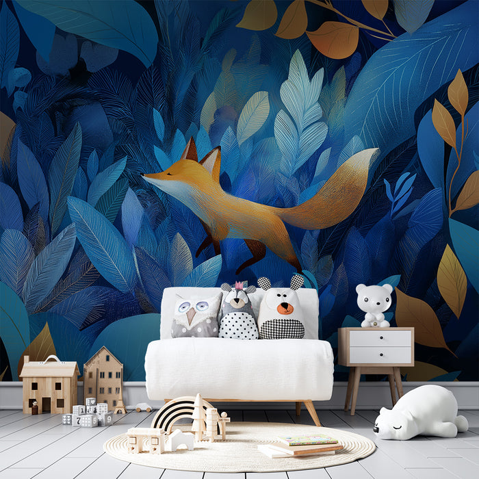 Kids room wallpaper | Fox in a forest of blue and gold foliage