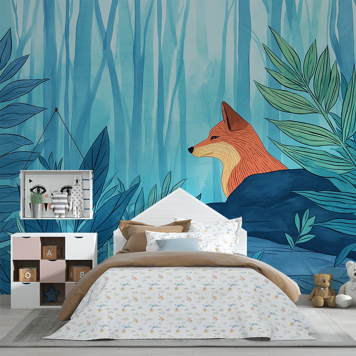 Carta da parati bambini | Volpe in una foresta incantata con fogliame lussureggiante