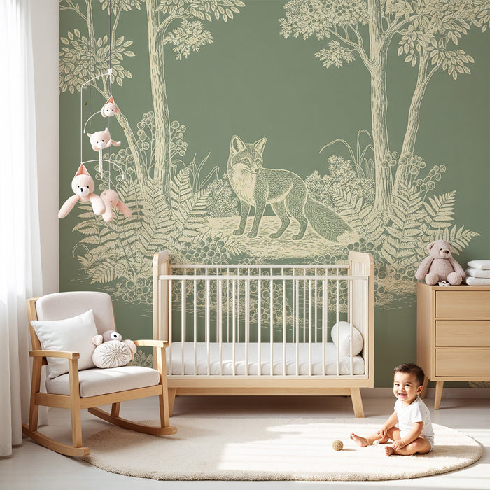 Children's bedroom wallpaper | Fox in a lush forest with delicate foliage