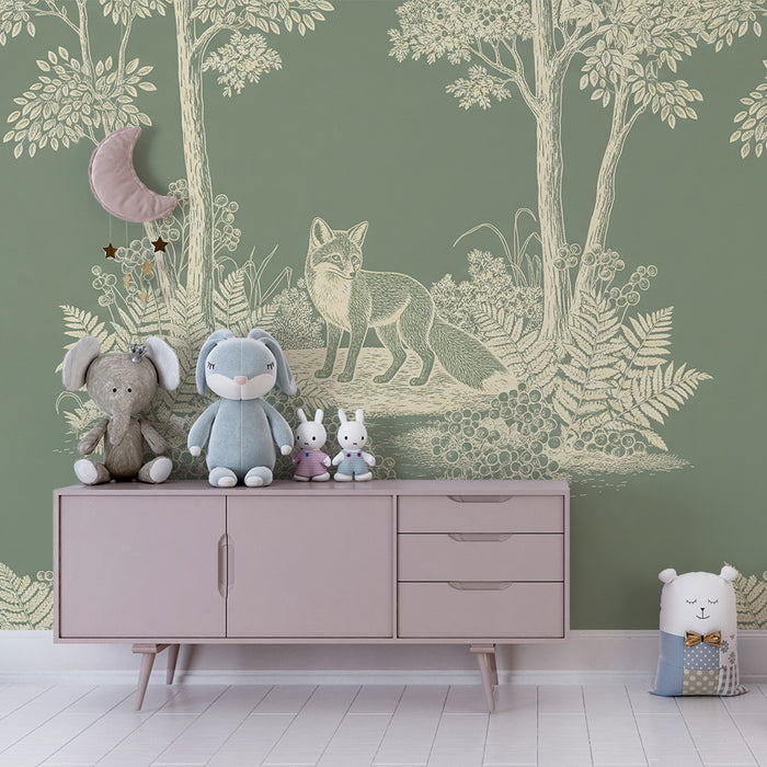Children's bedroom wallpaper | Fox in a lush forest with delicate foliage