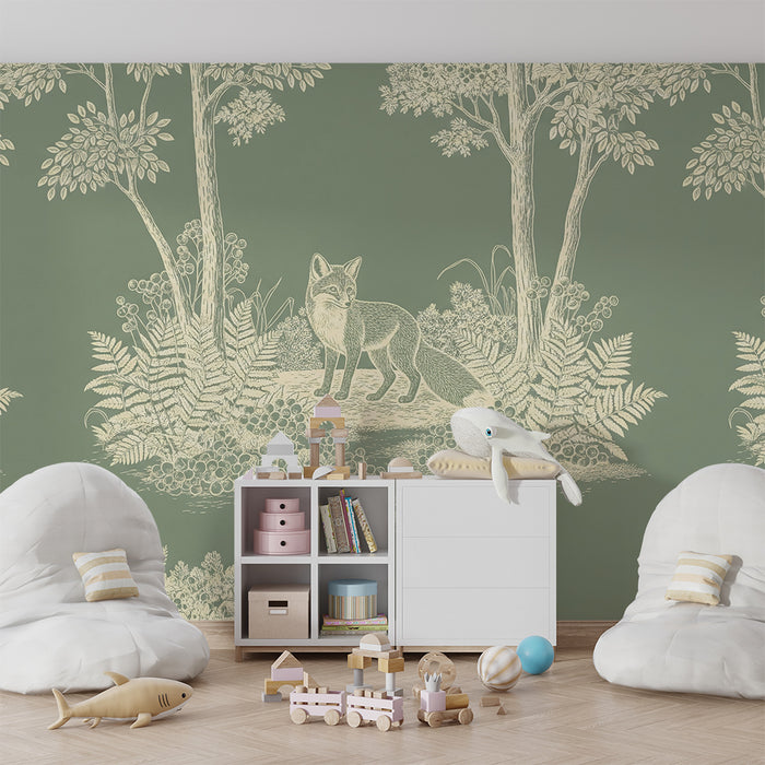 Children's bedroom wallpaper | Fox in a lush forest with delicate foliage