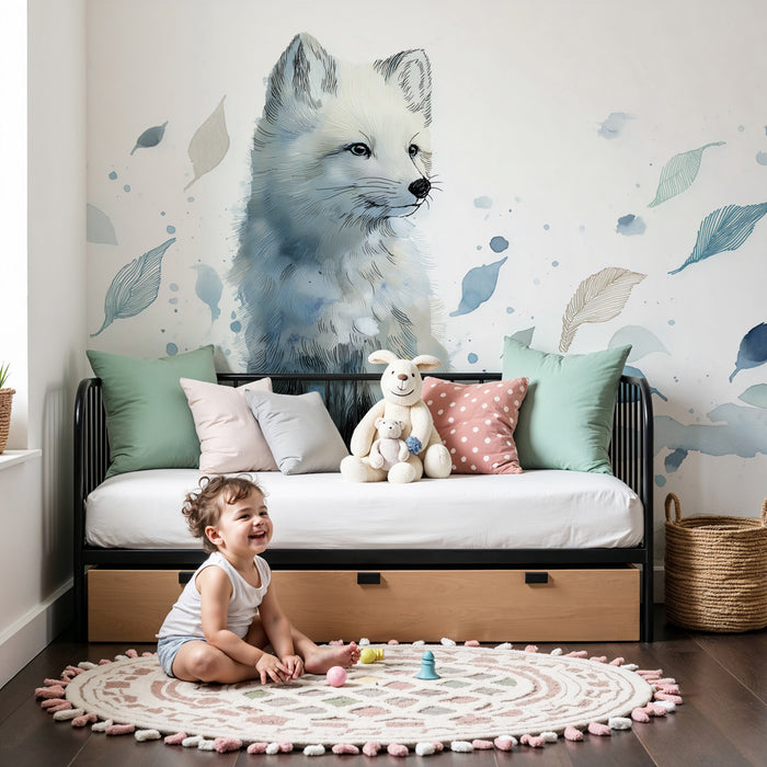 Papel pintado infantil | Zorro de nieve y hojas aéreas