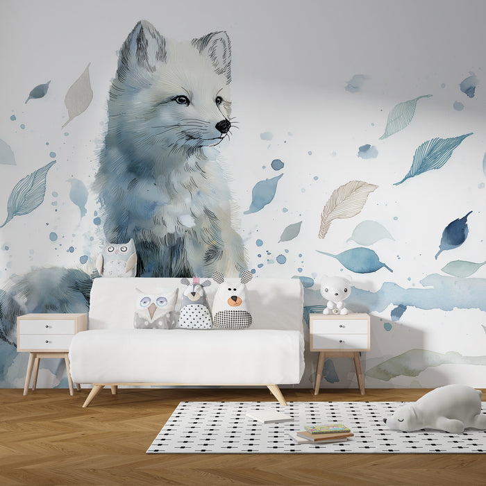 Papel pintado infantil | Zorro de nieve y hojas aéreas
