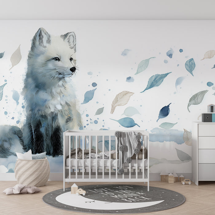Papel pintado infantil | Zorro de nieve y hojas aéreas