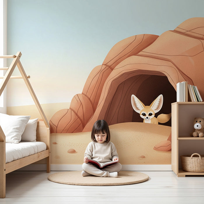 Papel de parede infantil | Raposa do deserto e cactos numa paisagem árida