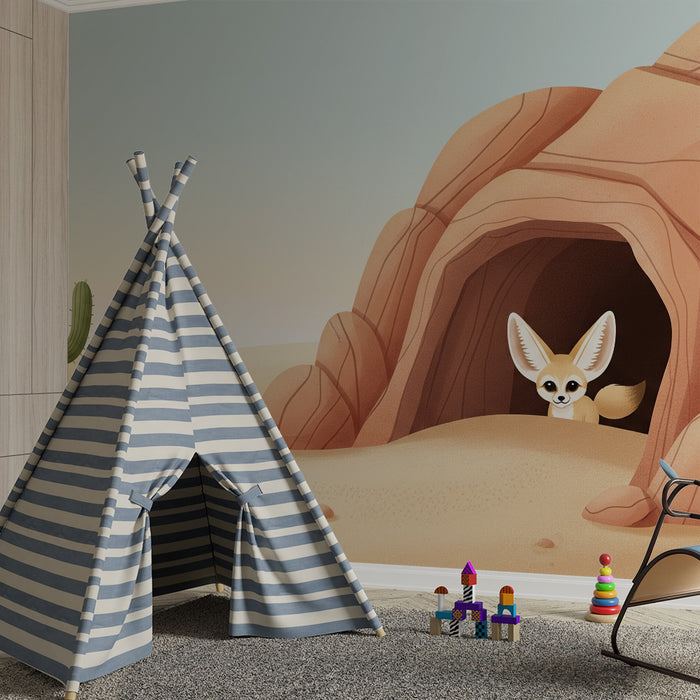 Papel de parede infantil | Raposa do deserto e cactos numa paisagem árida