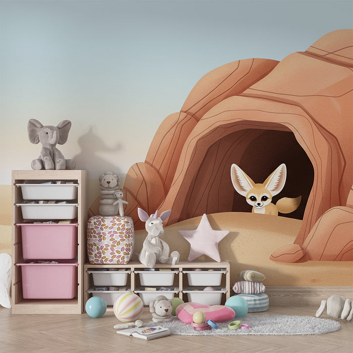 Papel de parede infantil | Raposa do deserto e cactos numa paisagem árida
