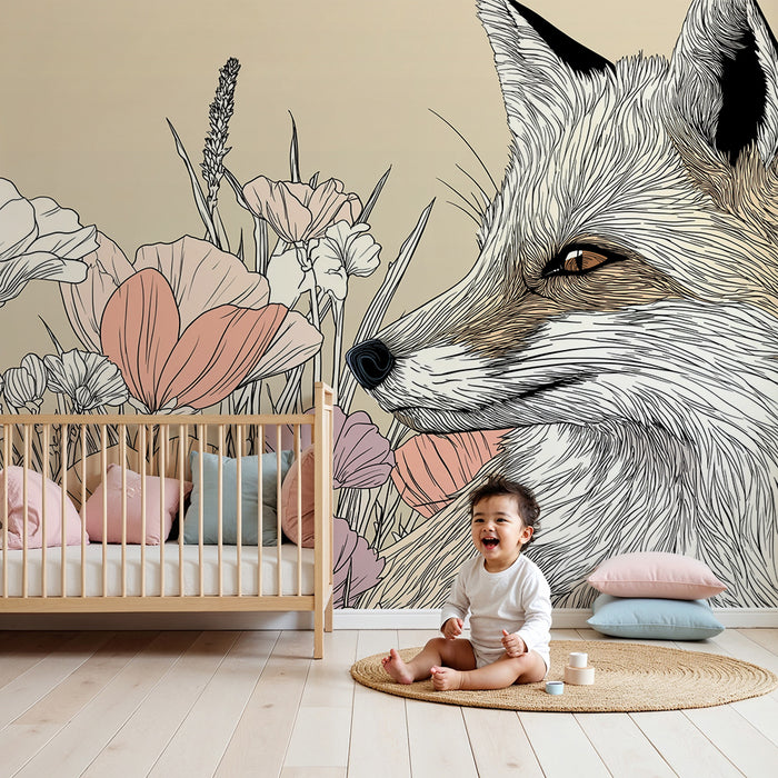 Barntapet | Elegant räv omgiven av delikata blommor