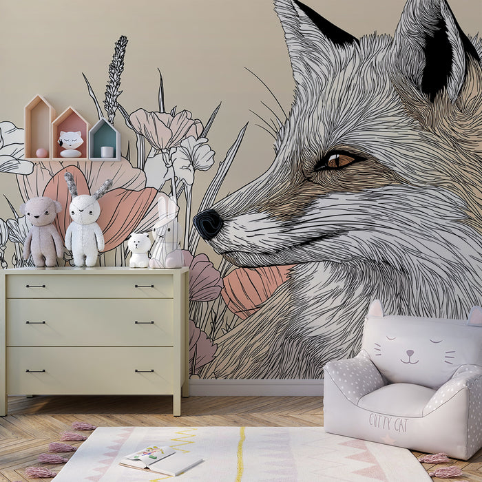 Barntapet | Elegant räv omgiven av delikata blommor