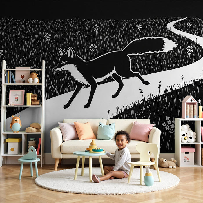 Papier peint chambre enfant | Renard élégant sur un chemin sinueux dans un champ floral