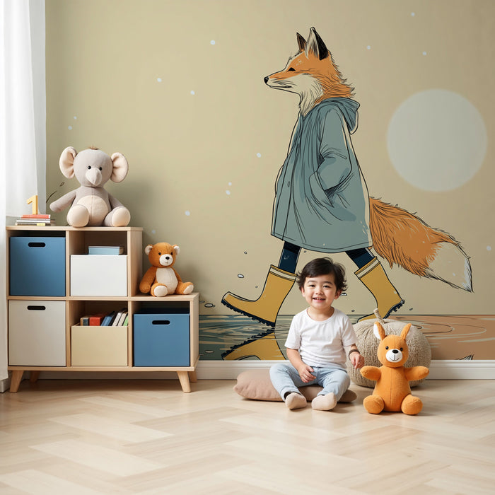 Papier peint chambre enfant | Renard en joue sous la pluie