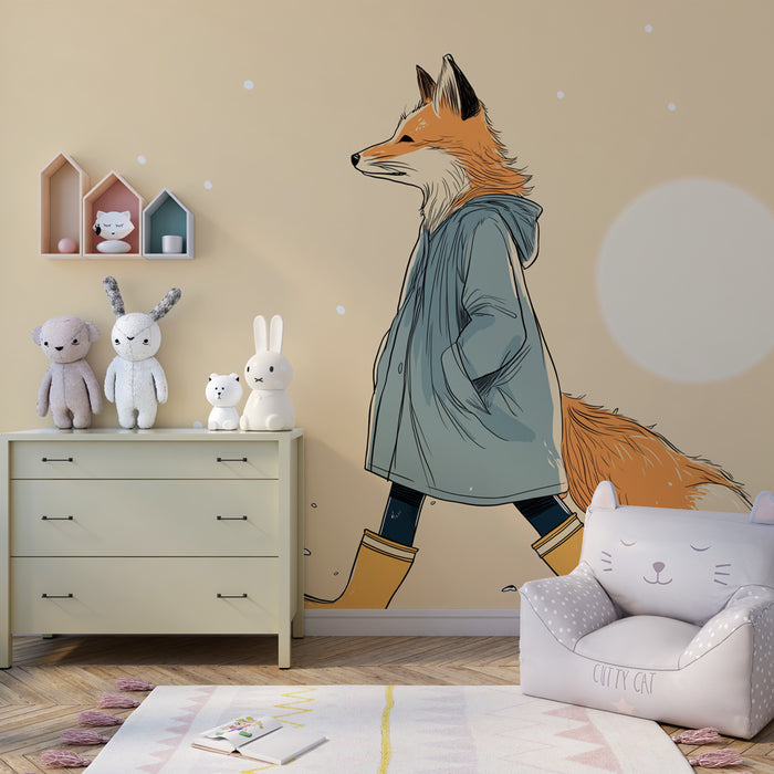 Papier peint chambre enfant | Renard en joue sous la pluie
