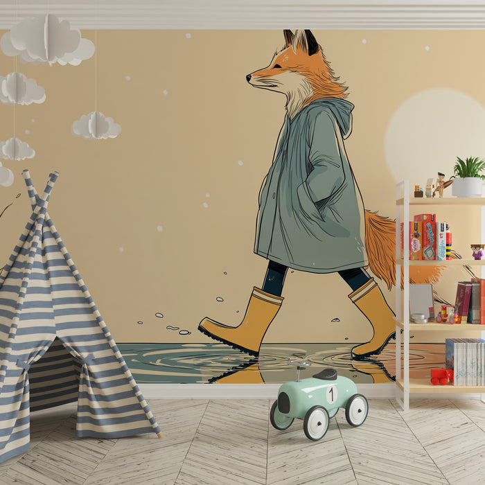 Papier peint chambre enfant | Renard en joue sous la pluie