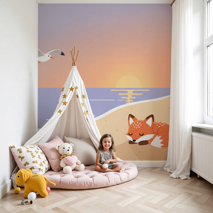 Papier peint chambre enfant | Renard endormi au coucher du soleil