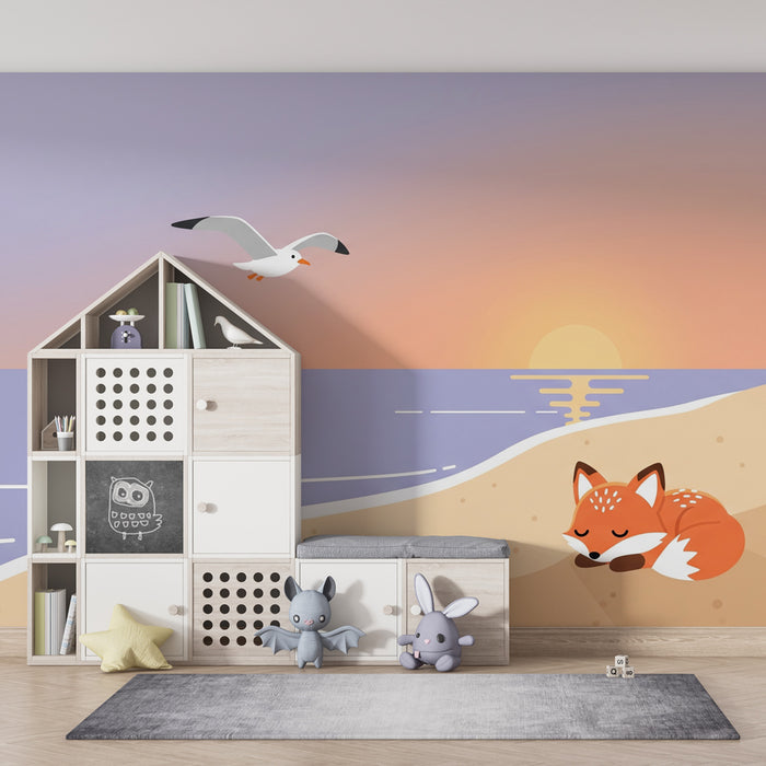 Papier peint chambre enfant | Renard endormi au coucher du soleil