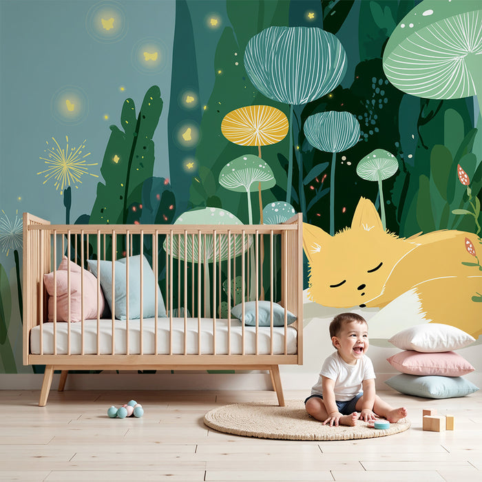 Papier de perete camera copil | Vulpe adormită în mijlocul ciupercilor și a luminii fermecate