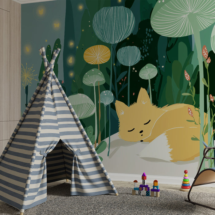 Papier de perete camera copil | Vulpe adormită în mijlocul ciupercilor și a luminii fermecate