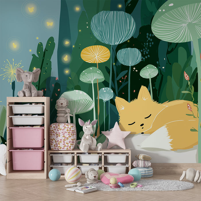 Papier de perete camera copil | Vulpe adormită în mijlocul ciupercilor și a luminii fermecate