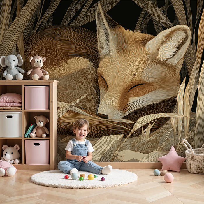 Papier peint chambre enfant | Renard endormi dans les herbes dorées