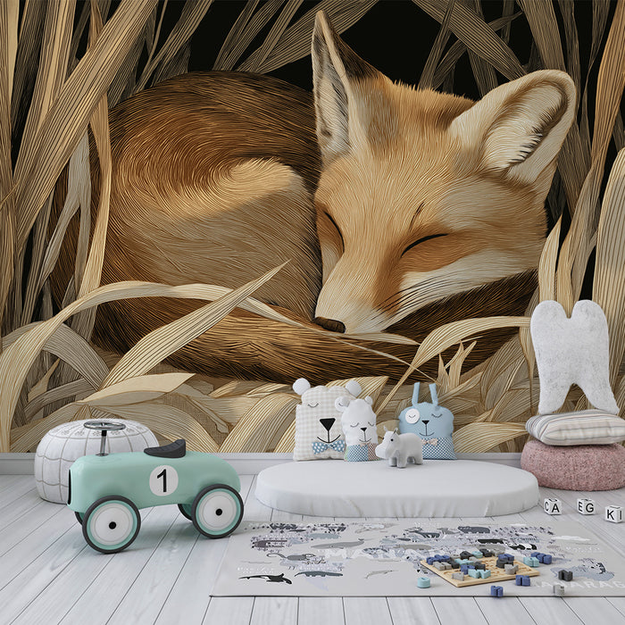 Papier peint chambre enfant | Renard endormi dans les herbes dorées