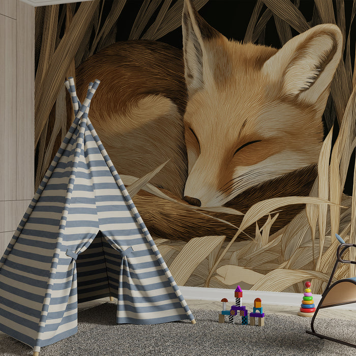 Papier peint chambre enfant | Renard endormi dans les herbes dorées