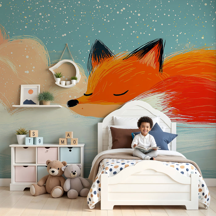 Papier peint chambre enfant | Renard endormi dans les nuages