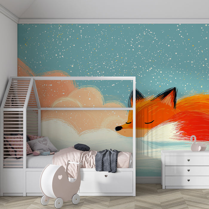 Papier peint chambre enfant | Renard endormi dans les nuages