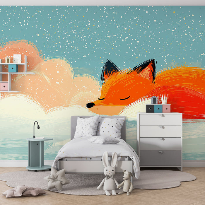Papier peint chambre enfant | Renard endormi dans les nuages