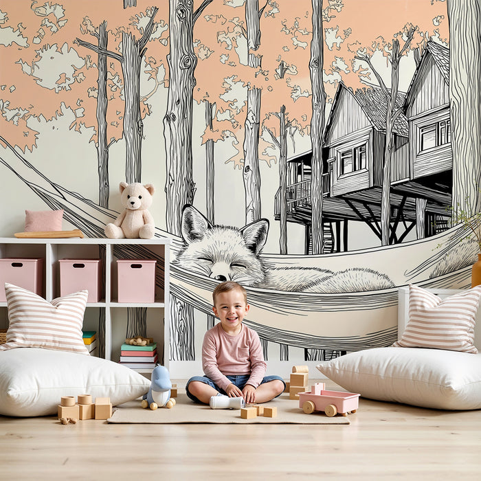Kids room wallpaper | Unine rebane magab võrgus puude keskel