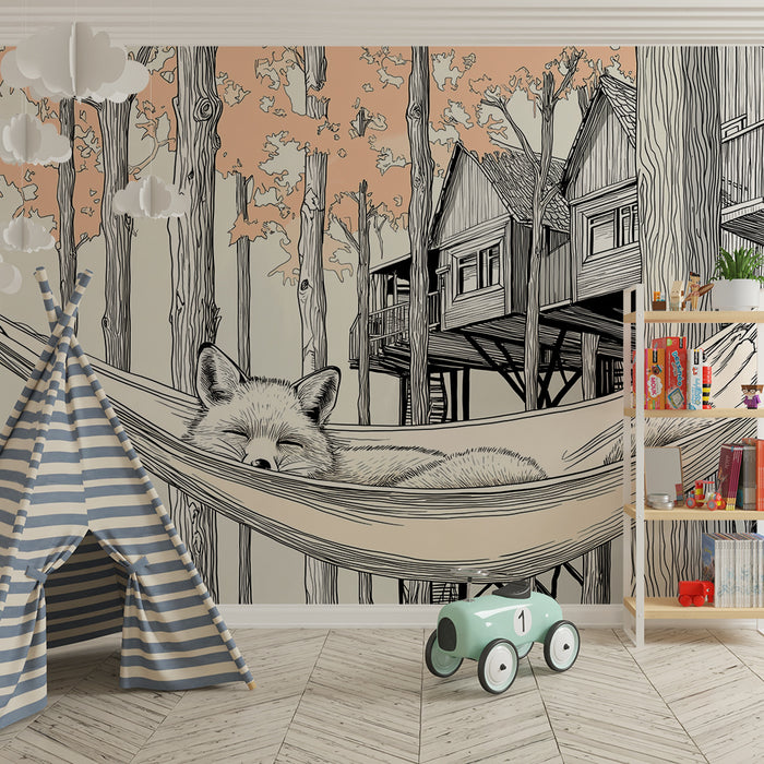 Kids room wallpaper | Unine rebane magab võrgus puude keskel
