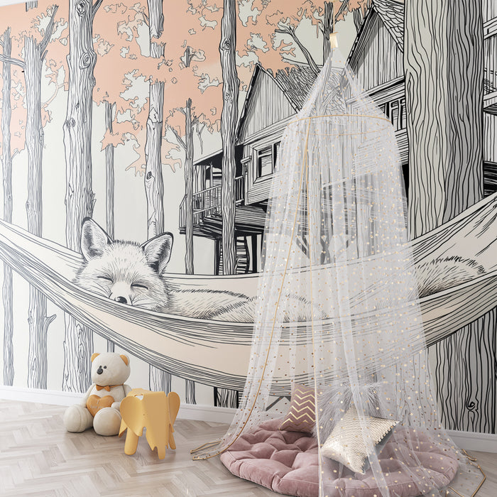 Kids room wallpaper | Unine rebane magab võrgus puude keskel