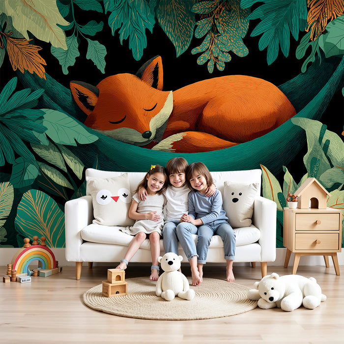 Kids room wallpaper | Sleeping fox in a hammock surrounded by tropical foliage