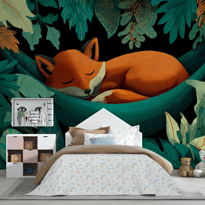 Kids room wallpaper | Sleeping fox in a hammock surrounded by tropical foliage