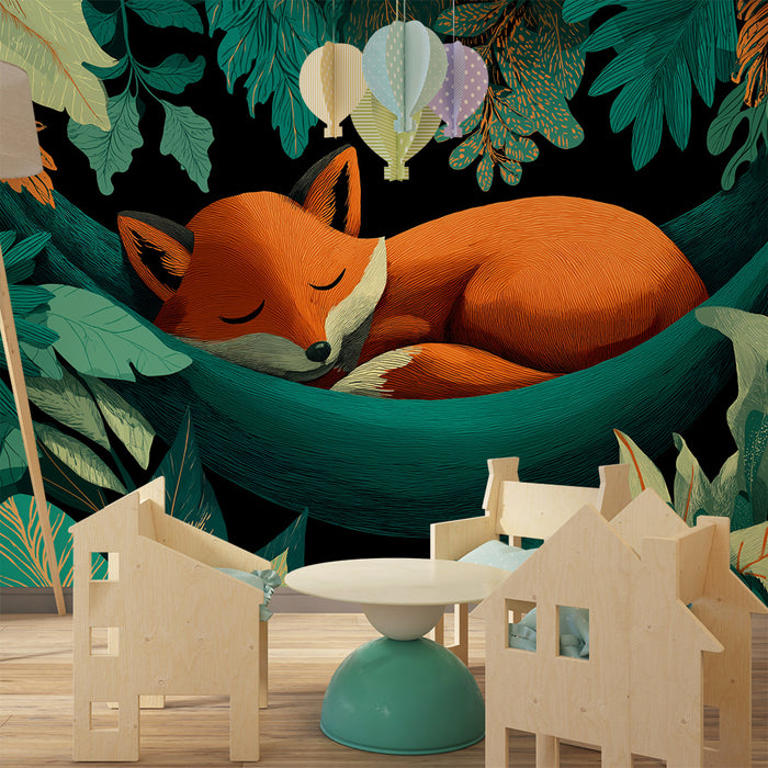 Kids room wallpaper | Sleeping fox in a hammock surrounded by tropical foliage