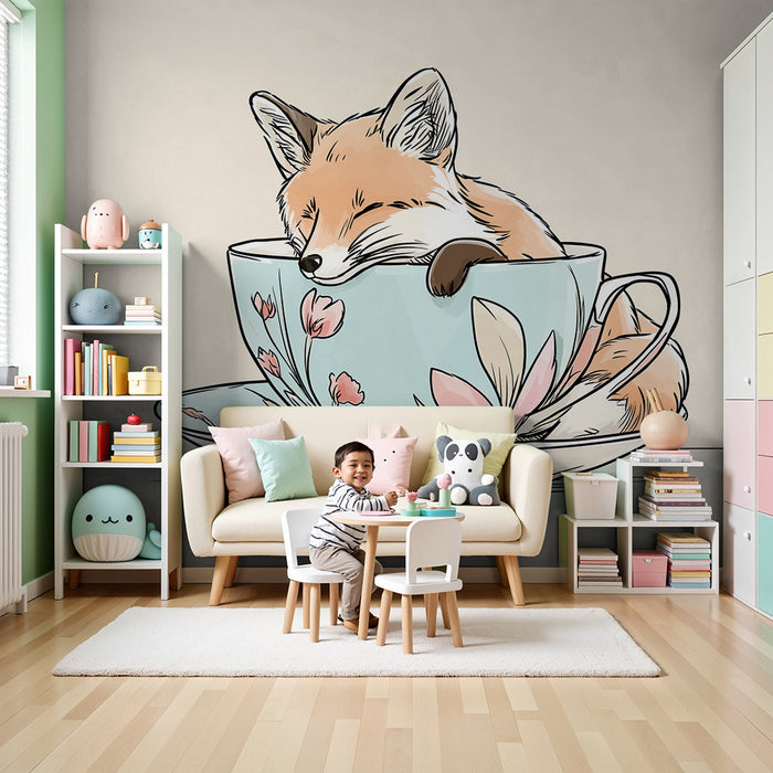 Kids room wallpaper | Sleeping fox in a delicate cup
