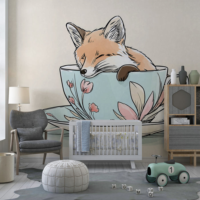 Kids room wallpaper | Sleeping fox in a delicate cup